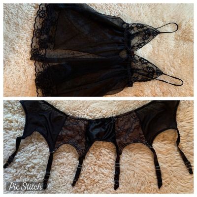 beautiful black m garter and sheer o/s neglige set